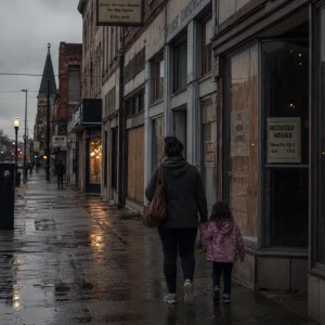 Woman and child walk down a wet downtown sidewalk past closed shops with Now Hiring and Reduced Hours signs.