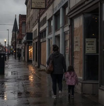 Woman and child walk down a wet downtown sidewalk past closed shops with Now Hiring and Reduced Hours signs.