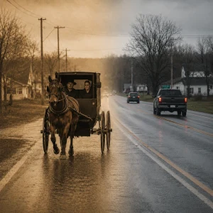 Amish buggy on road, cars passing by