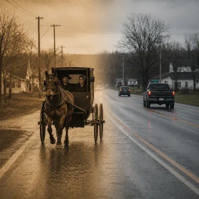 Amish buggy on road, cars passing by