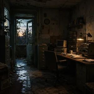 Abandoned office with vintage radio and computer equipment, open door to a vine-covered balcony at dusk.