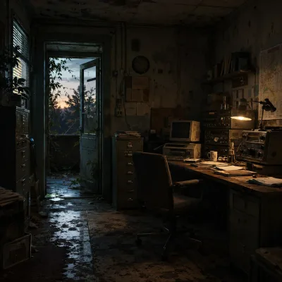 Abandoned office with vintage radio and computer equipment, open door to a vine-covered balcony at dusk.