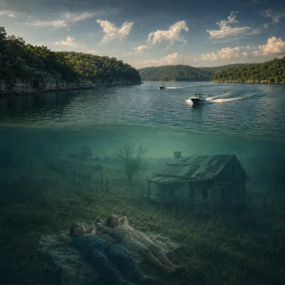 Children under the water looking up at boats in a lake that flooded their town