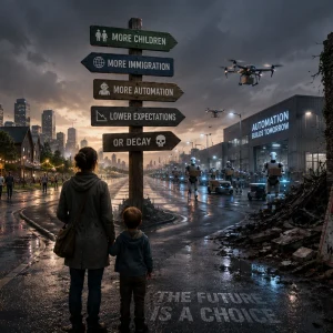 Woman and child at a city crossroads with signs for more children, immigration, automation, lower expectations, or decay.