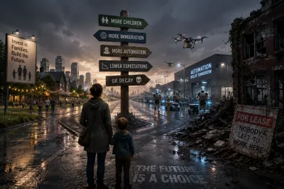 Woman and child at a city crossroads with signs for more children, immigration, automation, lower expectations, or decay.