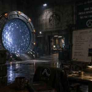 Active Stargate in Stargate Command with a whiteboard reading Unexplored, Unexplained, Unfinished and an SG-1 flight jacket on a chair.