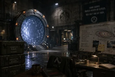 Active Stargate in Stargate Command with a whiteboard reading Unexplored, Unexplained, Unfinished and an SG-1 flight jacket on a chair.
